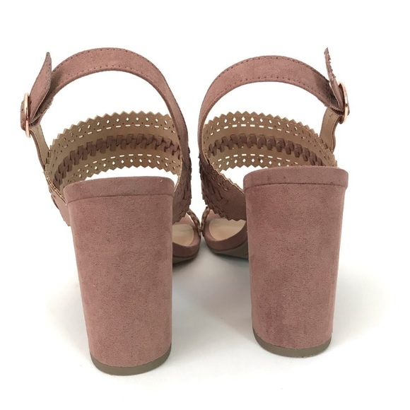 New! Block Heel Faux Suede Bohemian Pink Mauve Chunky High Heel Braided Sandals - Picture 7 of 12
